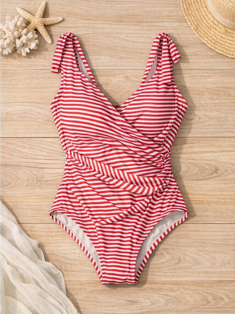 Striped woman’s swimsuit, figure flattering
